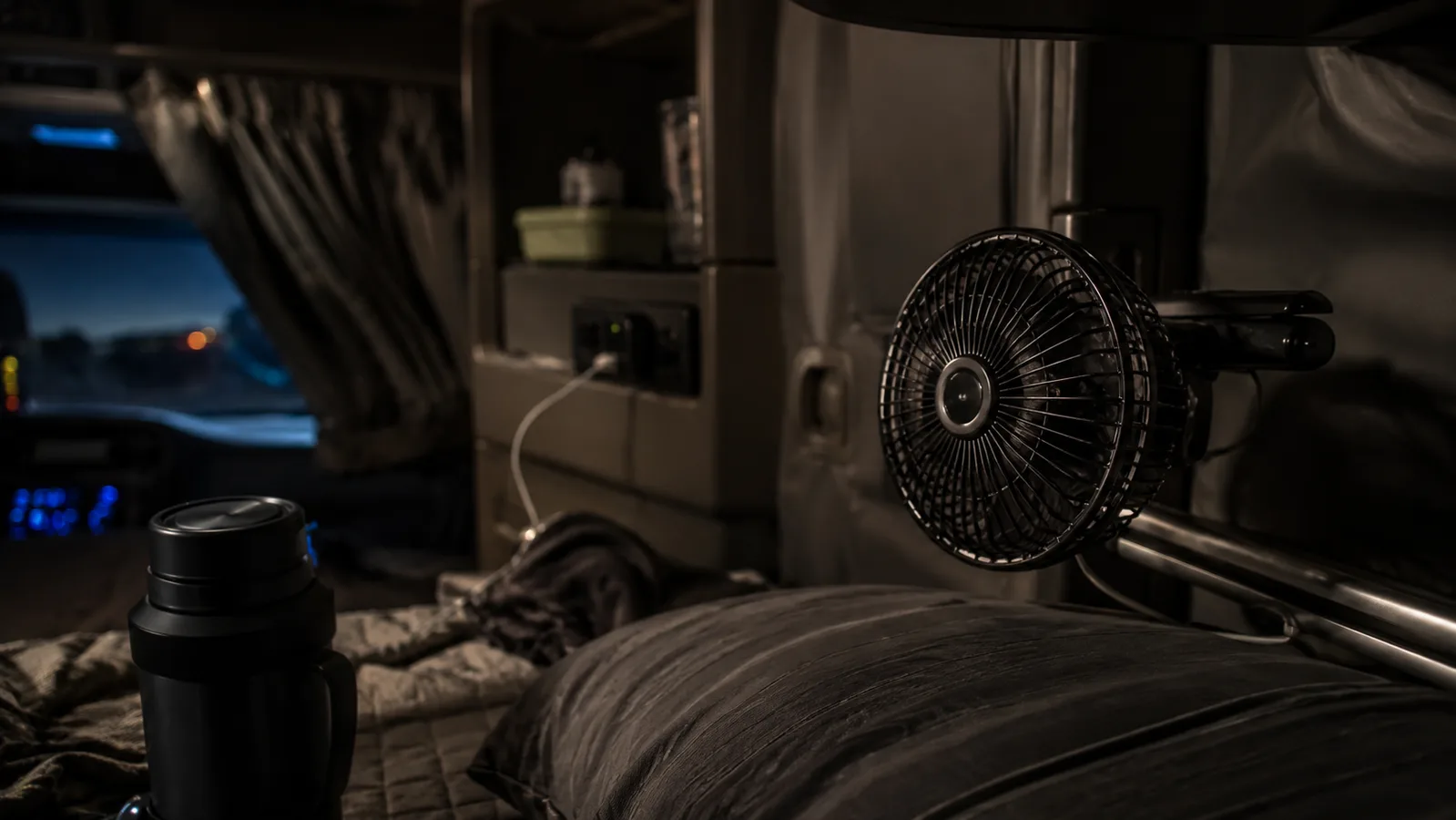 A small clip-on fan clamped to a truck sleeper cab bunk rail at night with a soft blue glow from the cab dash