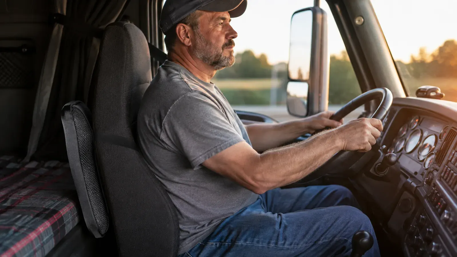 Long-haul truck driver sitting in his rig's driver seat with a black lumbar support pillow strapped behind his lower back, evening light through the windshield