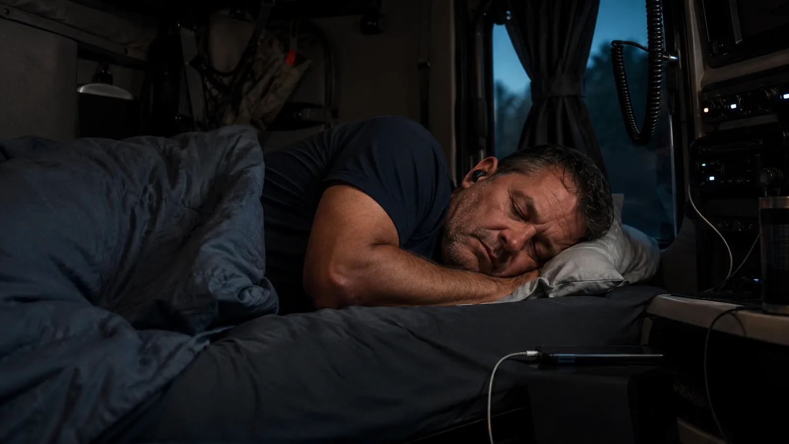 A man asleep on his side in a dim truck sleeper cab bunk with tiny sleep earbuds barely visible in his ear