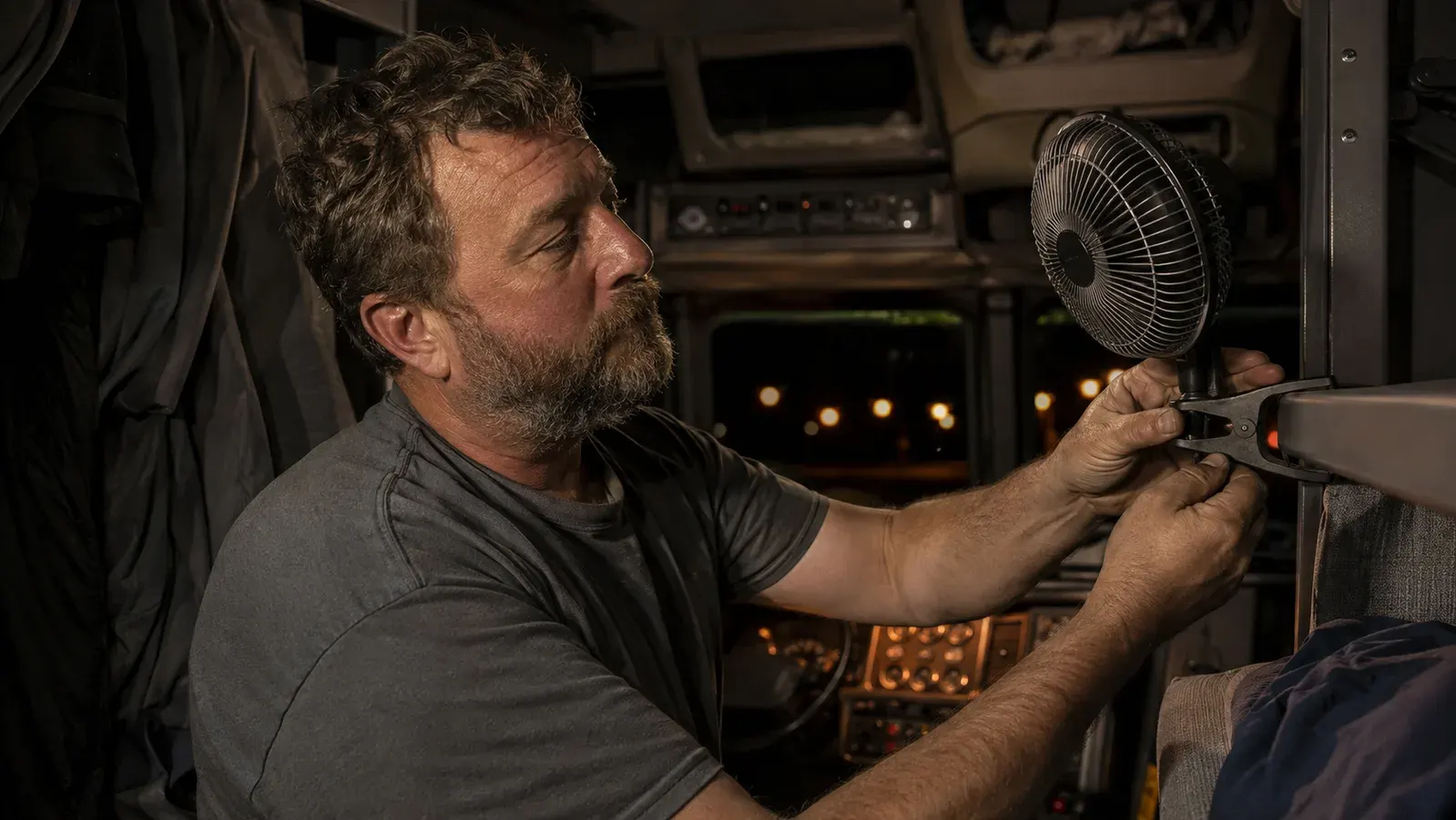 A trucker clips a small portable fan onto a metal bunk rail inside a dim sleeper cab at night, warm dashboard light glowing behind him