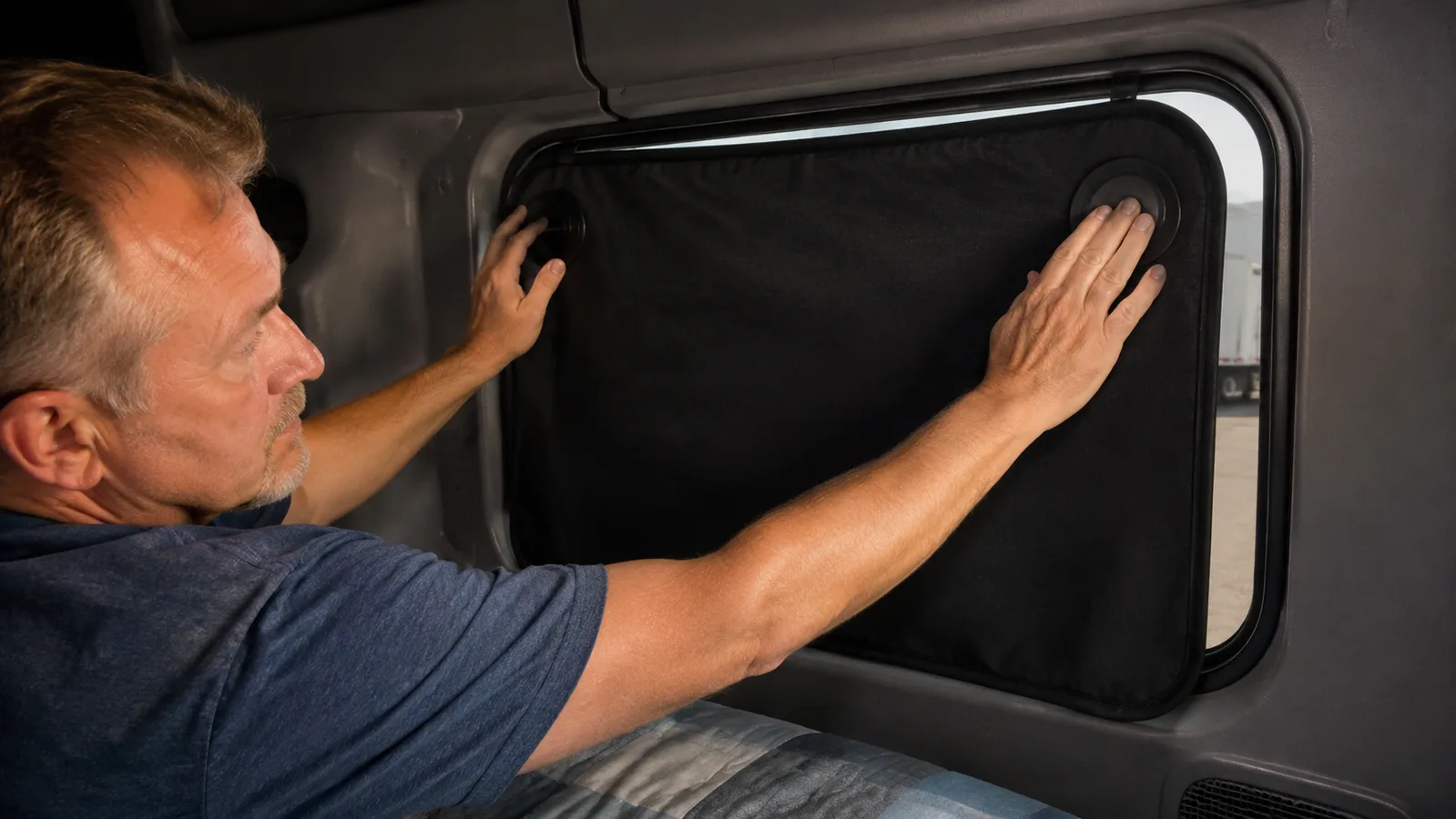 A hand pressing a black suction cup blackout shade onto a truck sleeper cab window