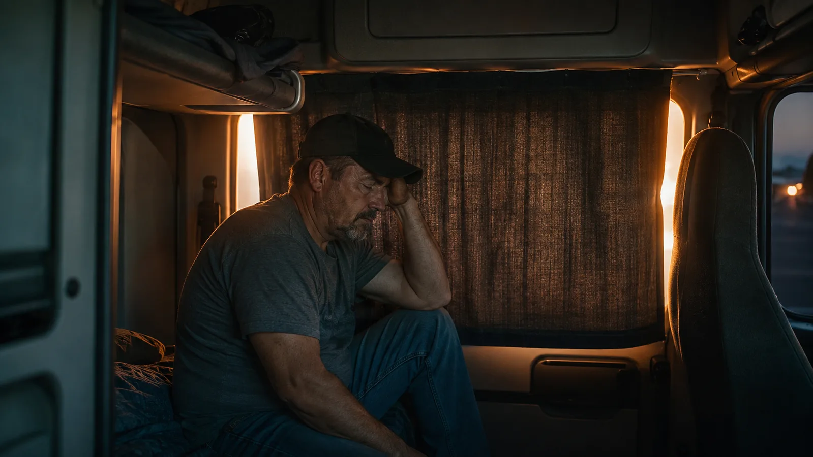 A dim truck sleeper cab at dusk with bright light leaking around the edges of a factory window curtain