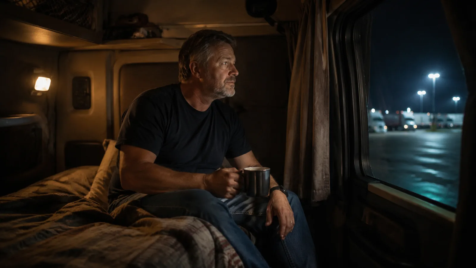 A truck driver's sleeper cab bunk at night lit by a small reading lamp, window dark outside a truck stop lot