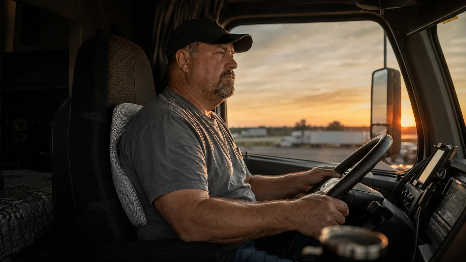 Truck driver seated in a semi cab with a memory foam lumbar pillow visible at the small of his back, early morning light through the windshield