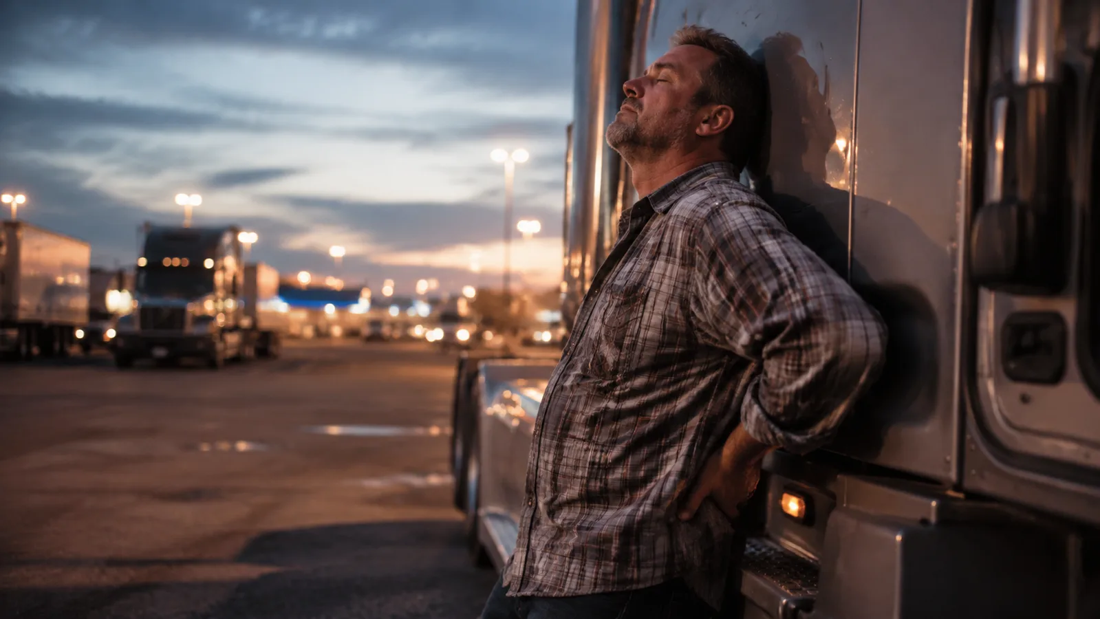 A truck driver leaning against his rig at a truck stop at dusk, one hand pressed to his lower back