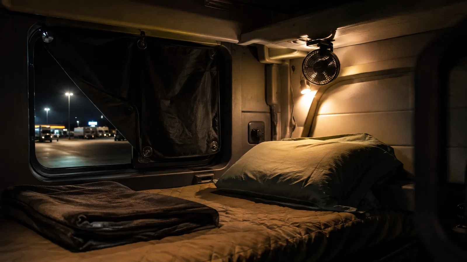 A dim sleeper cab bunk made up for the night with a blackout shade on the window and a small fan clipped above