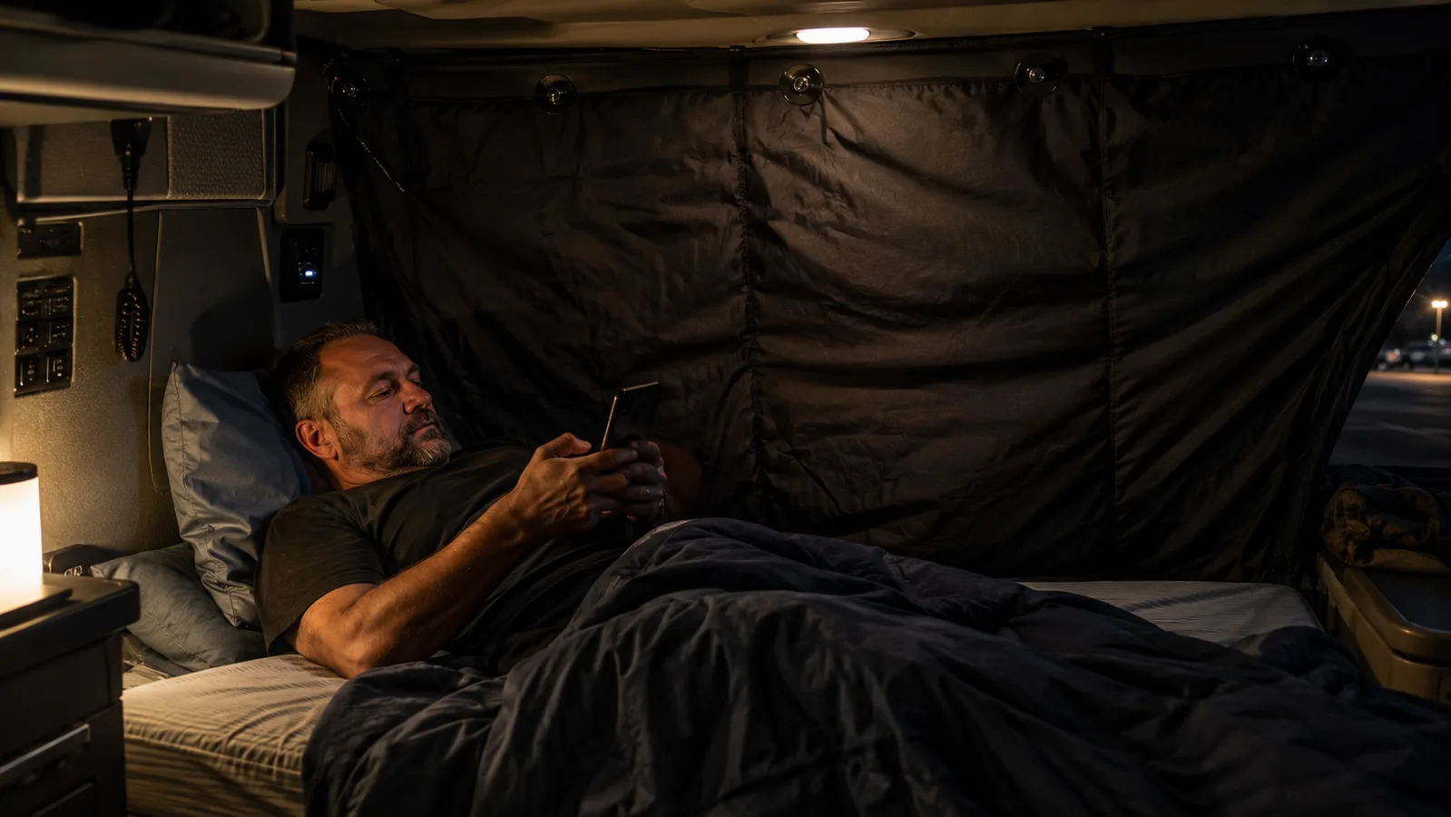 Truck sleeper cab interior with a black blackout curtain covering the windshield, dim warm light inside, blurred truck stop lights outside at night