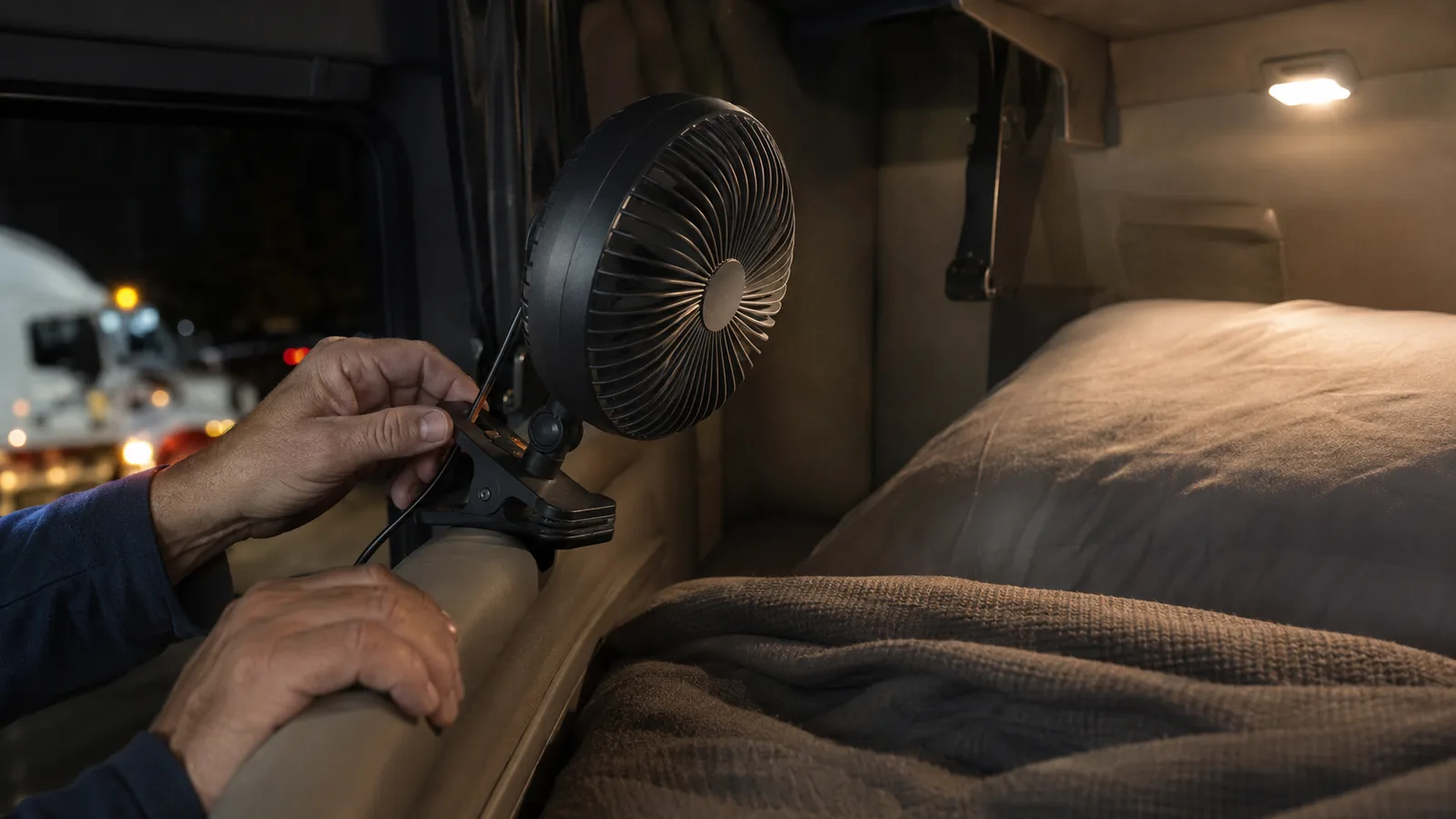 A small BESKAR clip-on fan clamped to a bunk rail inside a sleeper cab, angled across the pillow