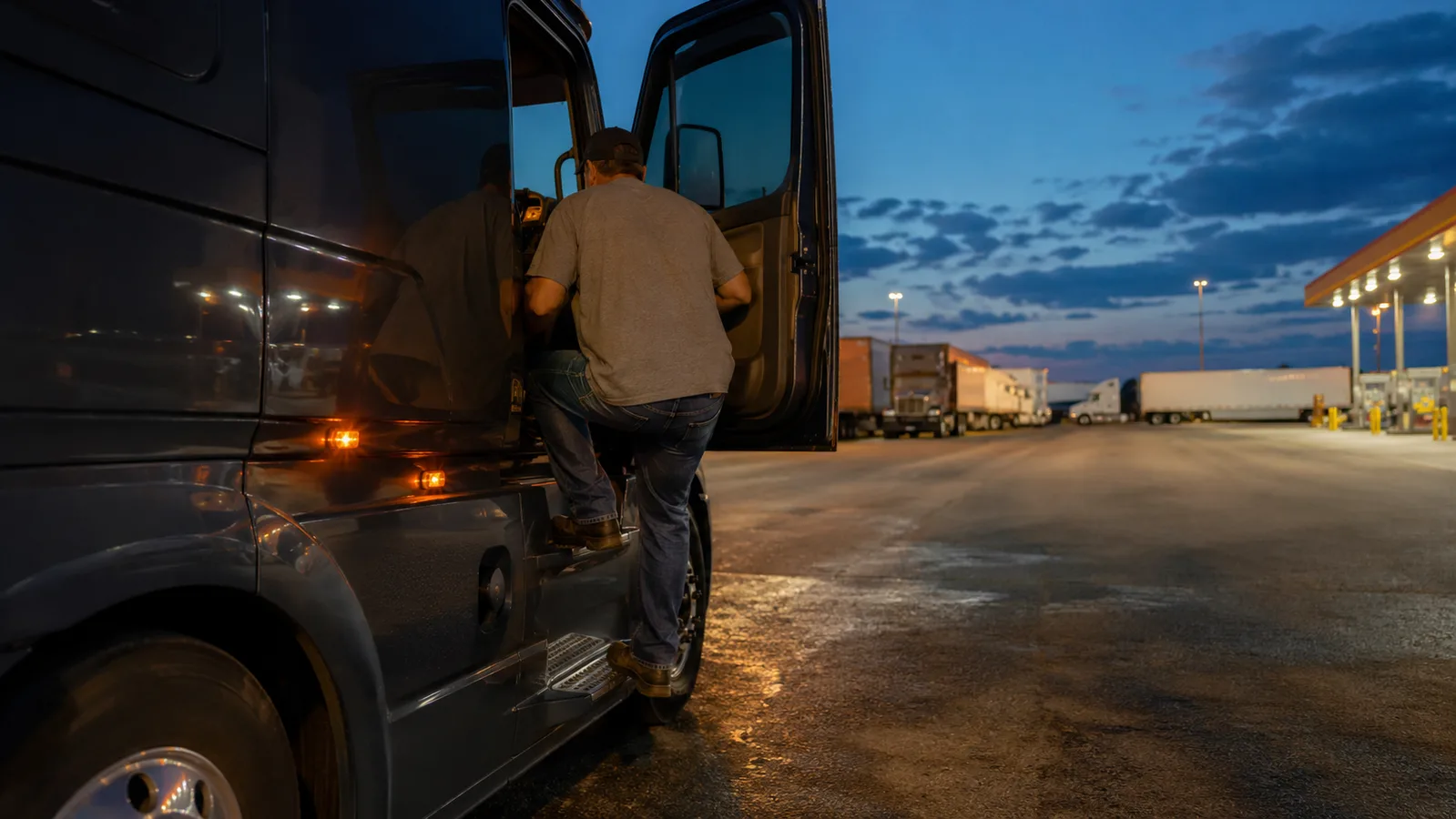 A trucker climbing into a sleeper cab at a truck stop on a hot summer evening, cab door open