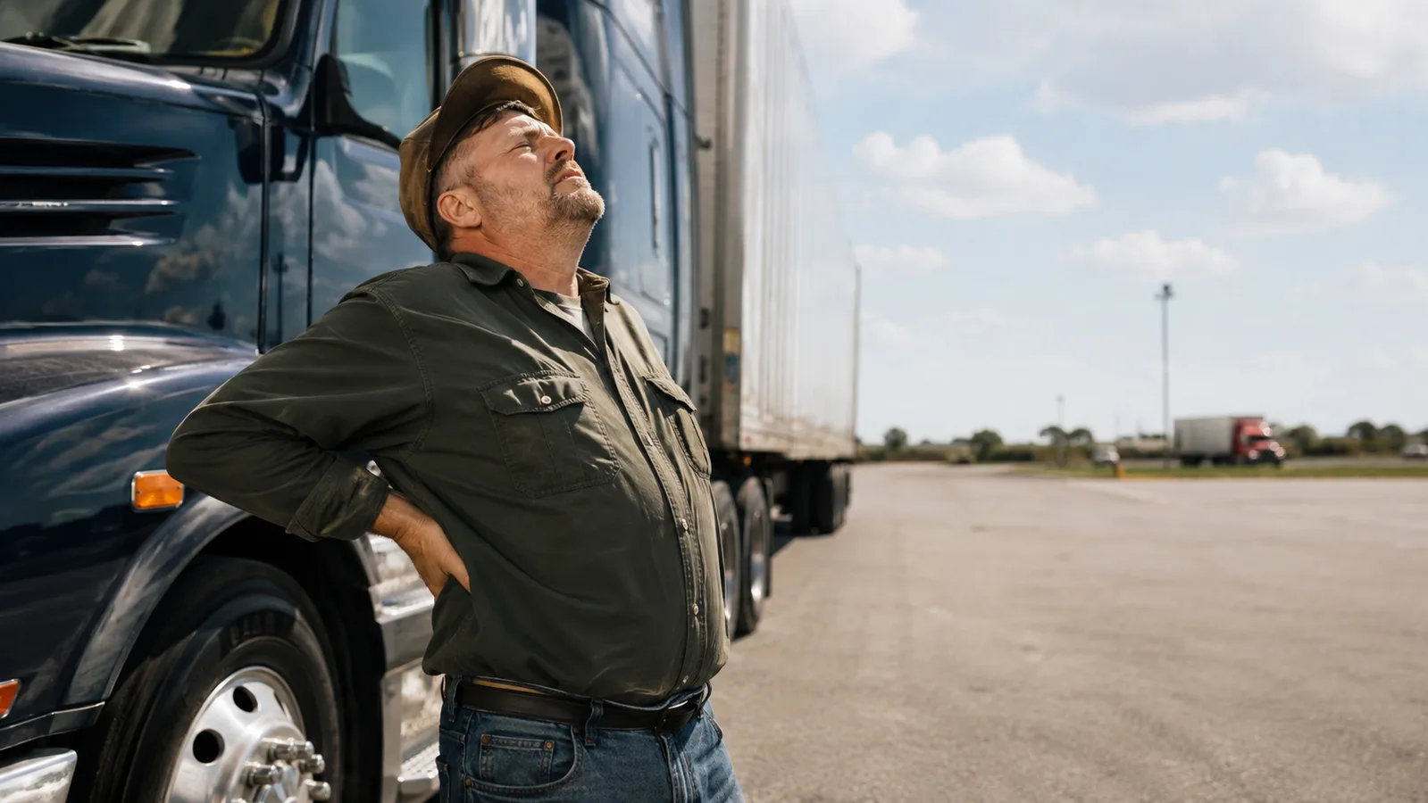 A trucker stretching his back beside his rig at a rest stop with the highway in the background