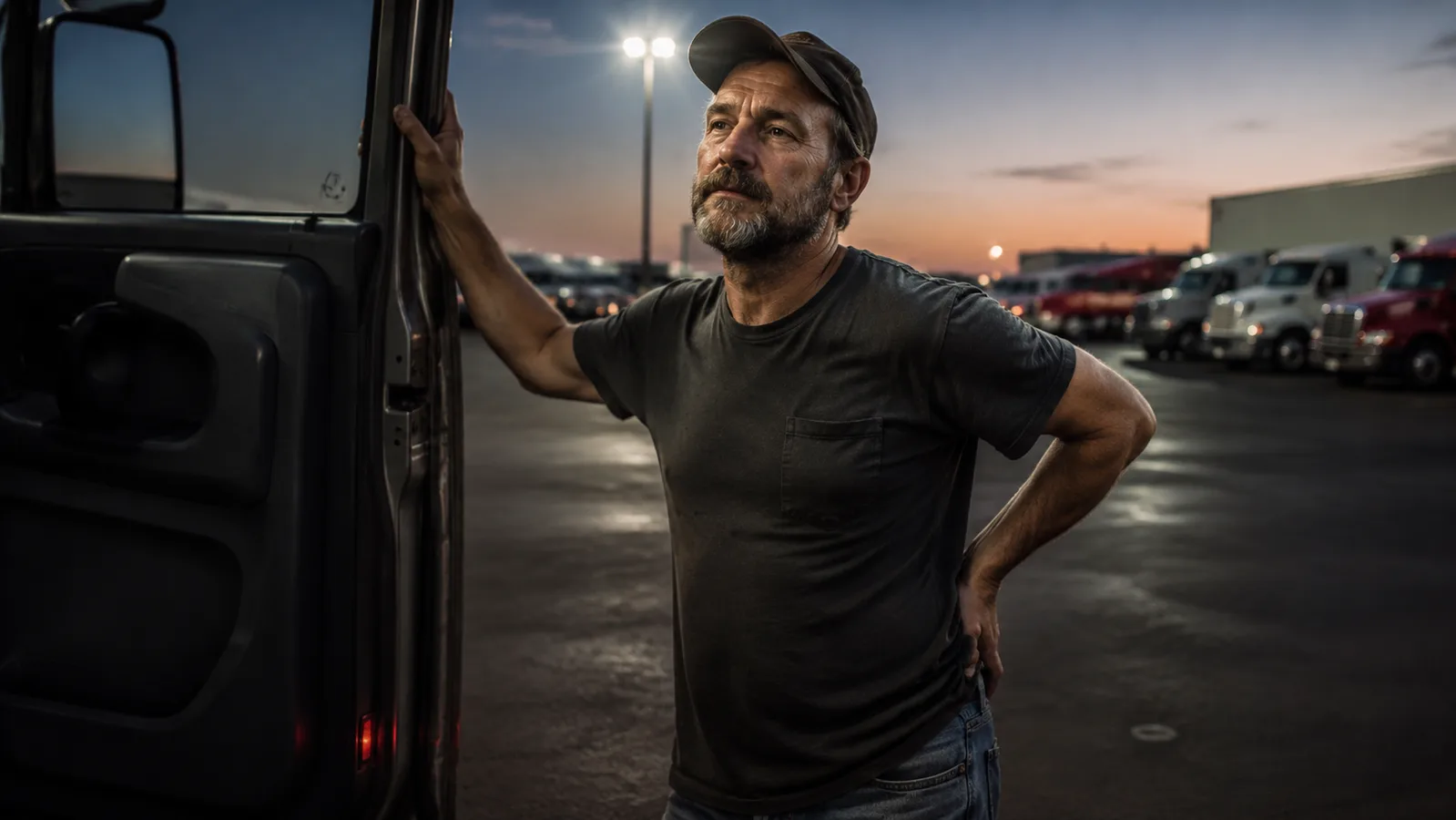 A long-haul trucker standing beside his cab at dusk, one hand pressed to his lower back