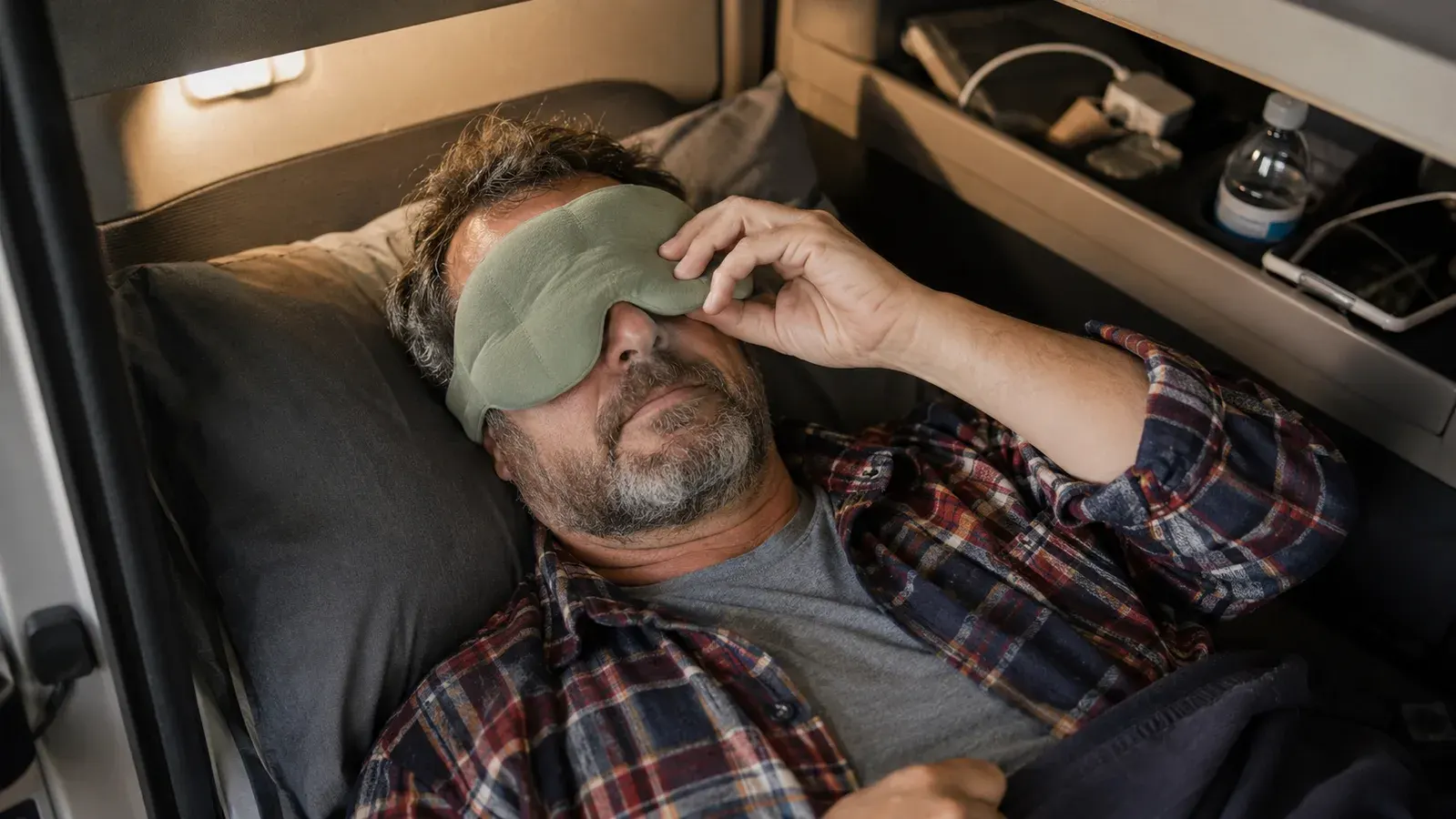 A truck driver adjusting a sage green weighted sleep mask over his eyes while lying in a sleeper cab bunk.
