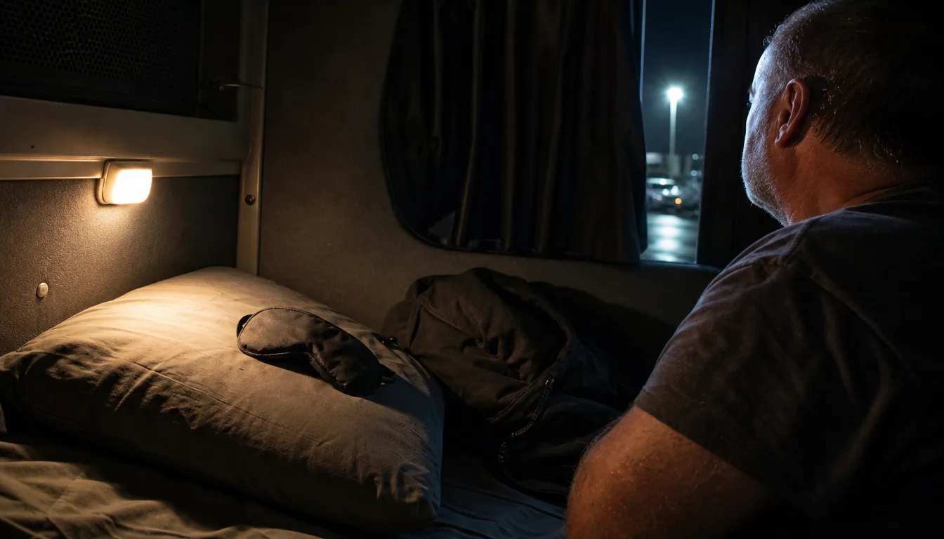 A weighted sleep mask resting on a pillow in a dark truck sleeper cab bunk at night with a sliver of parking lot light glowing through the curtain.