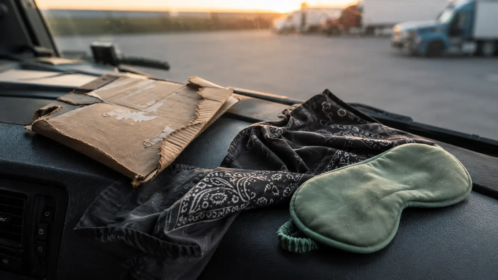 A cluttered nightstand in a truck cab with a failed cardboard windshield cover and a torn bandana next to the nodpod mask