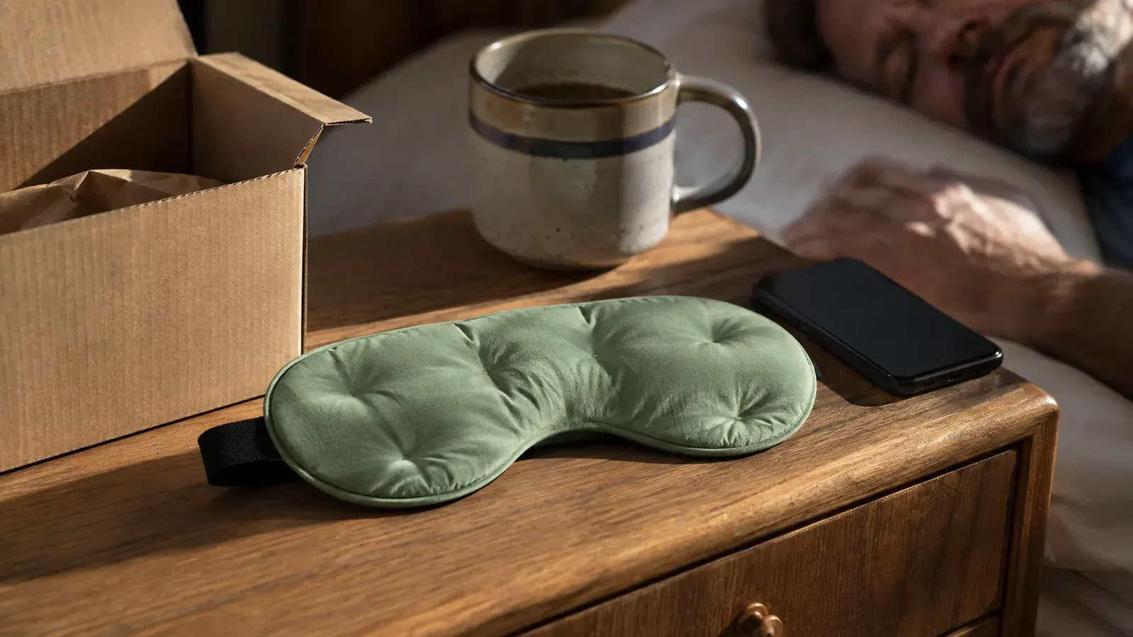Close-up of a sage green weighted sleep mask resting on a nightstand next to an open box, morning light coming through a window