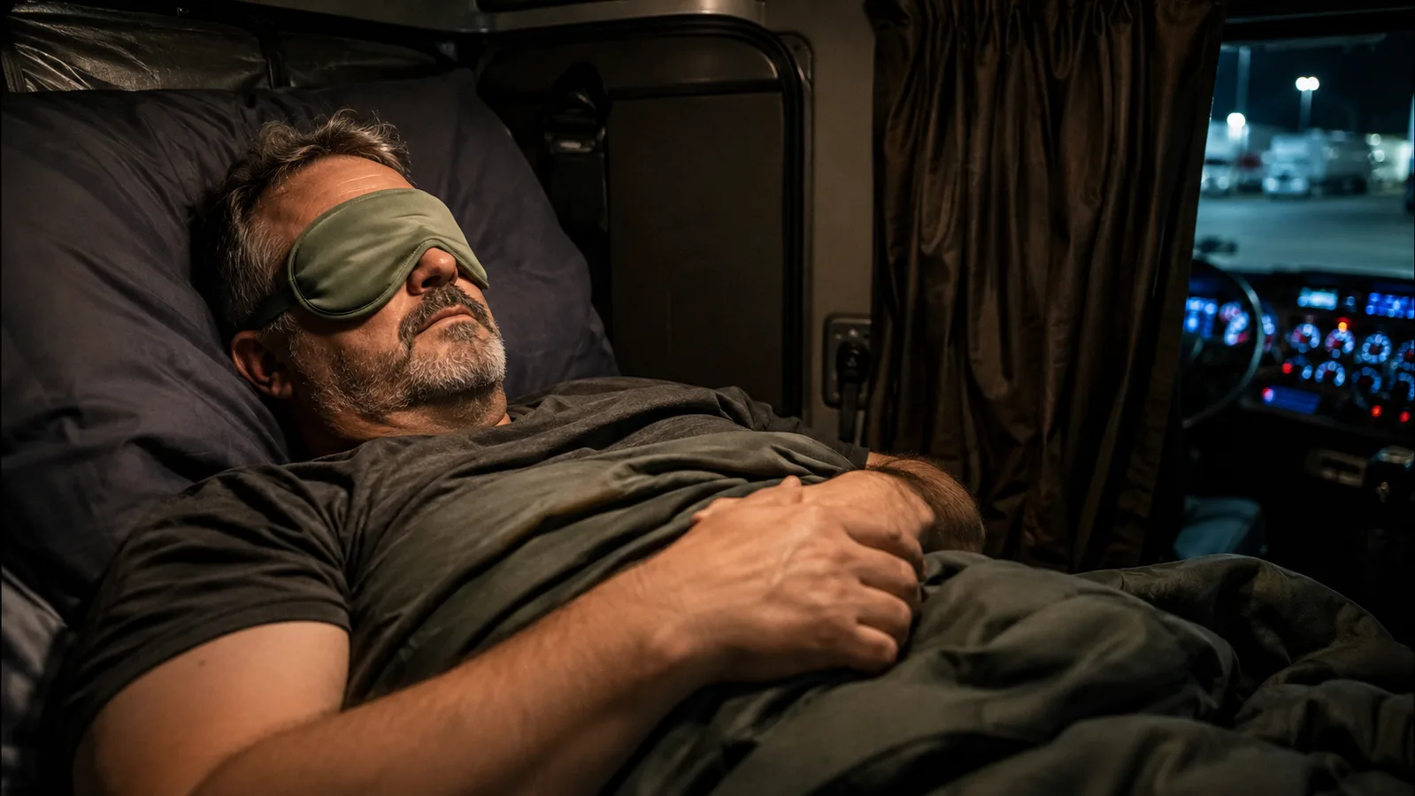 Truck driver lying in a sleeper cab bunk wearing a sage green weighted sleep mask, dashboard lights glowing faintly in the background