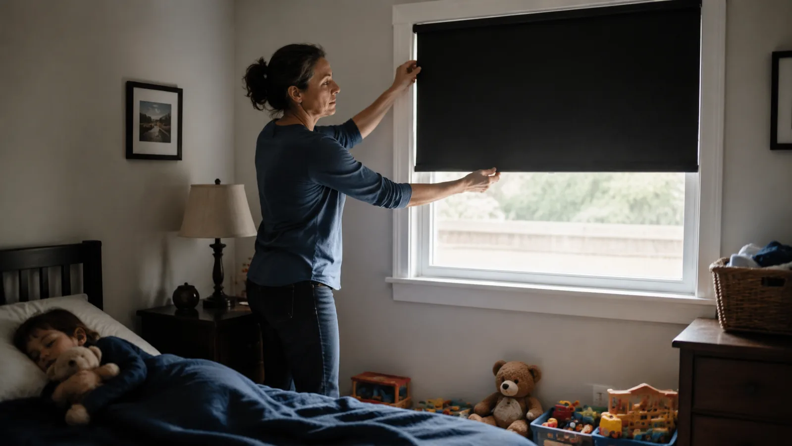 A woman lowering a black portable blackout shade over a kid's bedroom window at home in the middle of the day, the room going dim for a nap