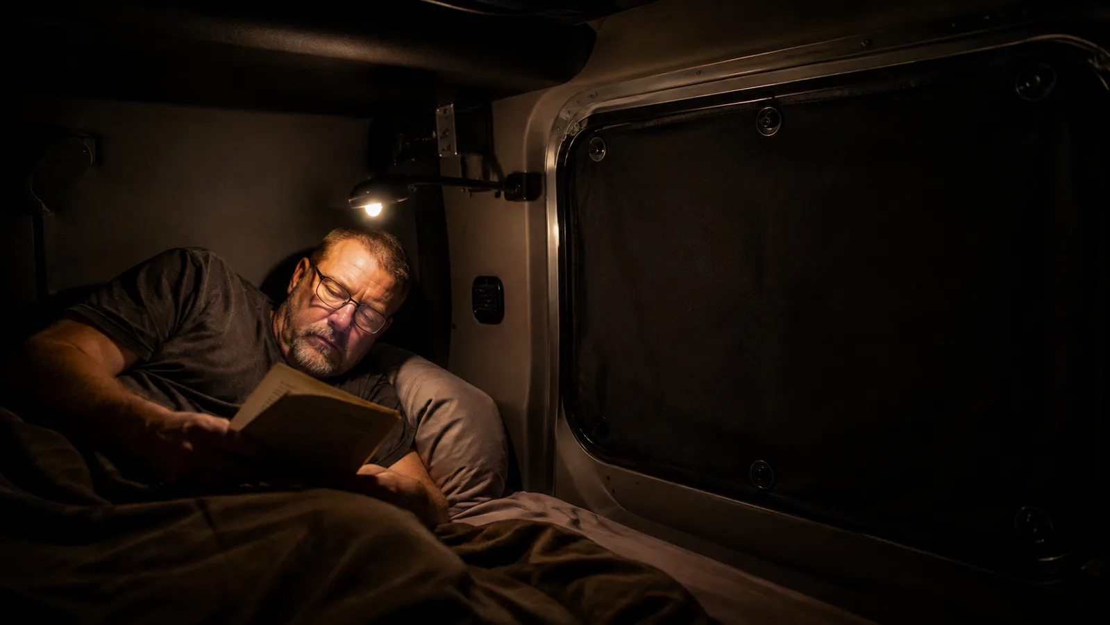 Truck sleeper cab bunk at night, side window fully covered by a black suction-cup blackout shade, only a thin sliver of parking lot light visible at the very edge