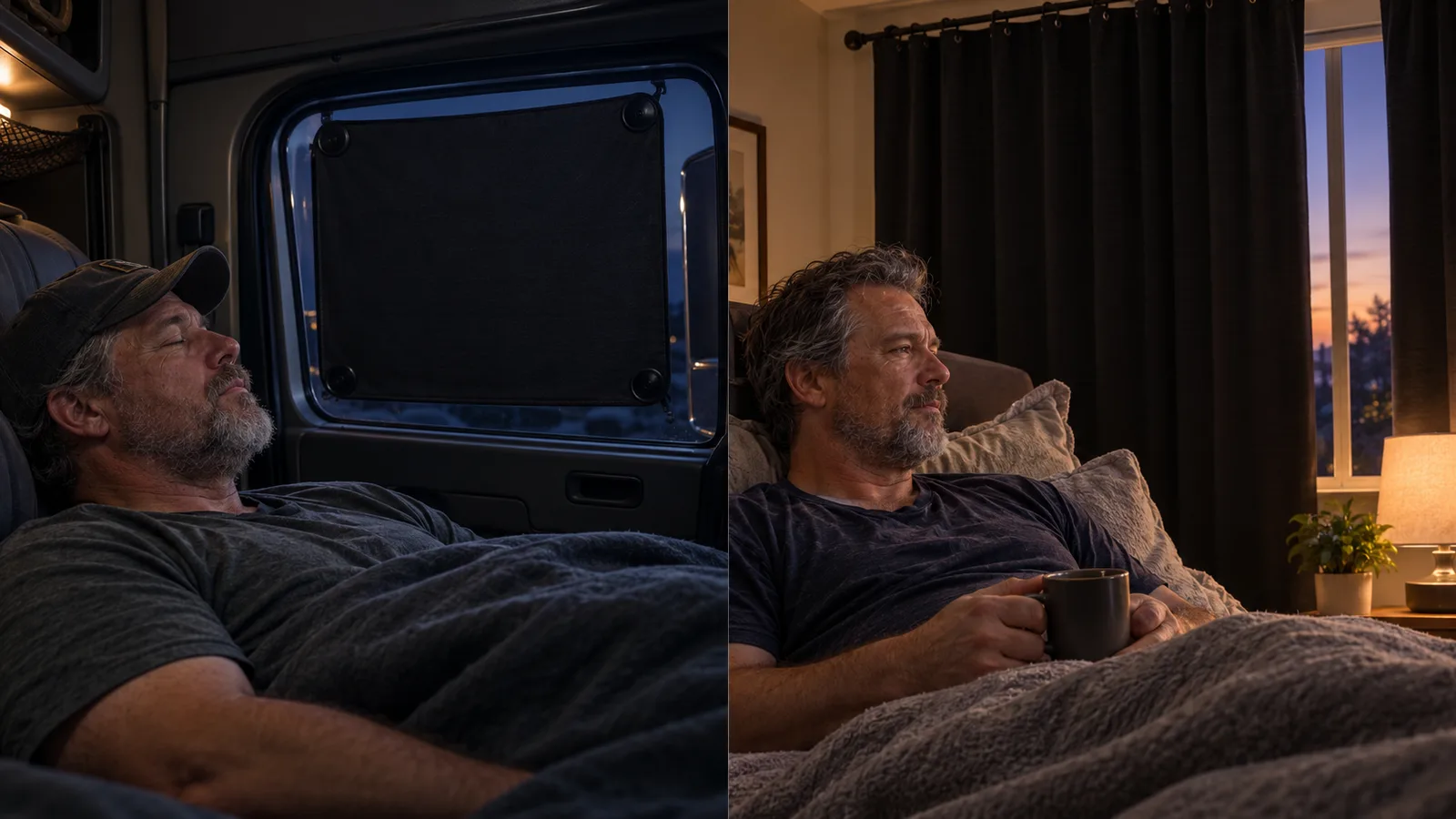 Split scene showing a small black suction-cup blackout shade pressed onto a truck cab door window on one side and a large rod-hung blackout curtain panel in a home bedroom on the other