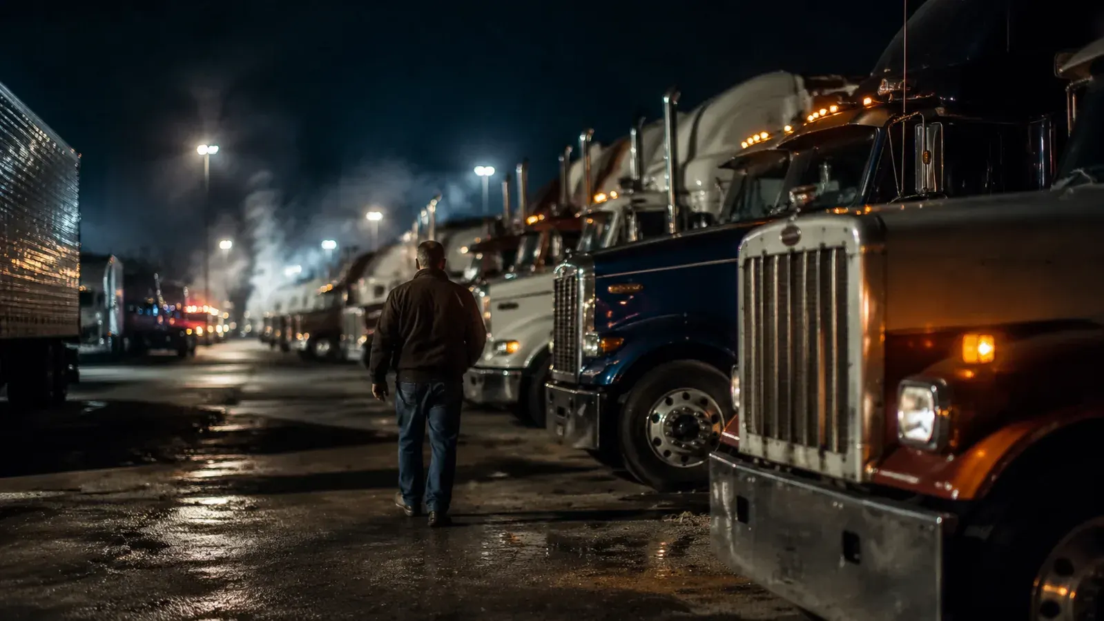 Rows of semi trucks idling at a crowded truck stop at night, cab lights glowing in the dark