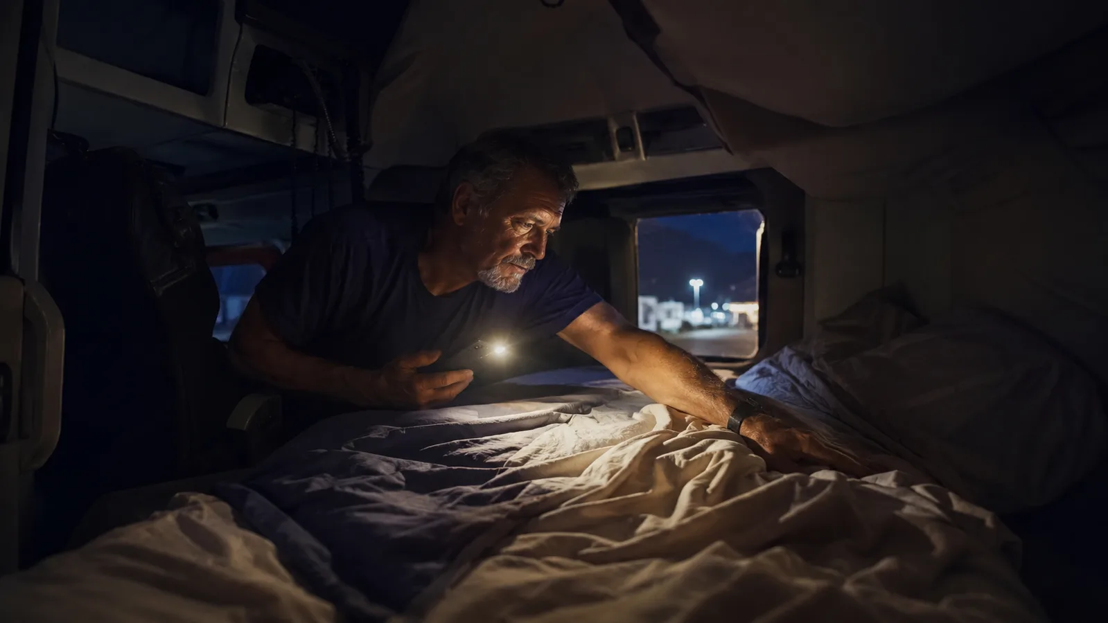 A truck driver at 3am patting down rumpled sleeper cab sheets by phone flashlight, searching for a small dropped item
