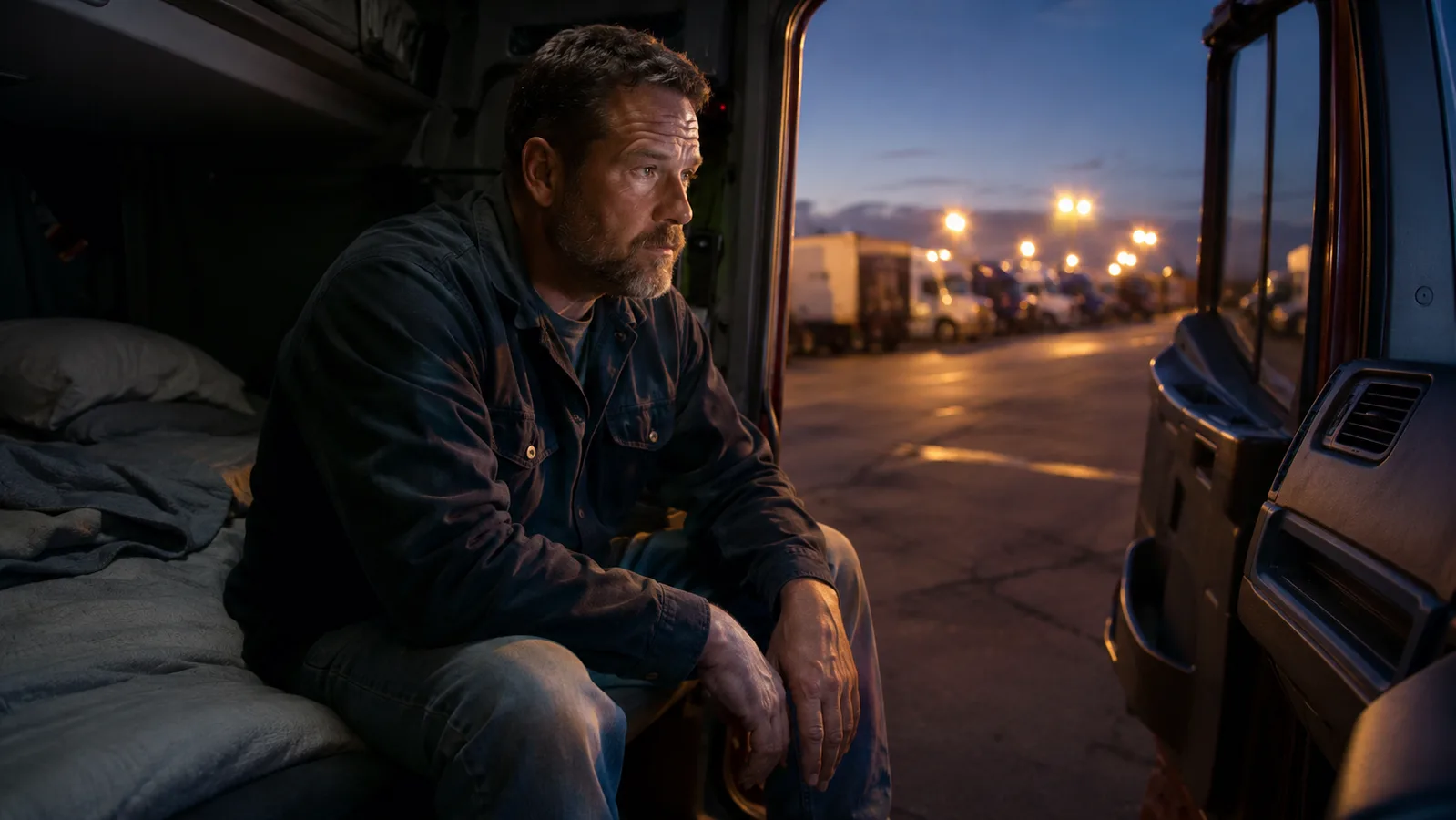 A tired truck driver sitting on the edge of a sleeper cab bunk at dusk, cab door open, sodium lot lights outside