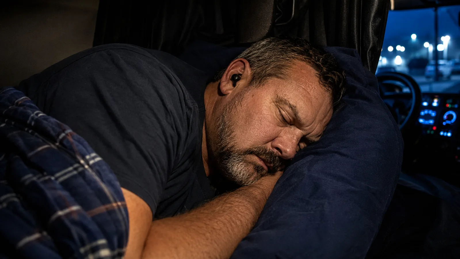 Truck driver lying on his side in a sleeper cab bunk at night with a tiny silicone sleep earbud barely visible in his ear, dashboard glow behind him