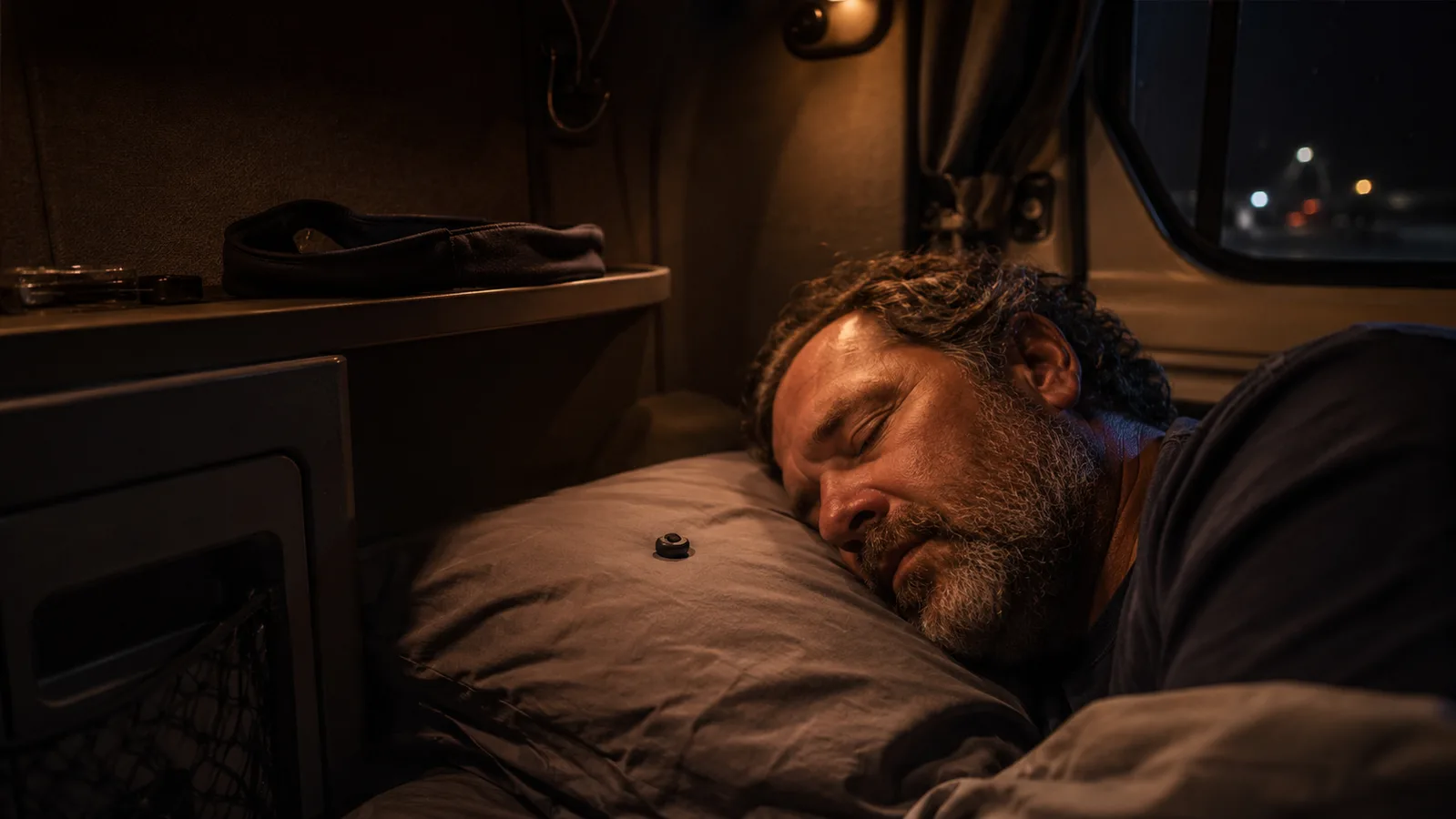 A tiny silicone sleep earbud resting on a pillow beside a sleeping man's ear in a dim truck sleeper cab at night.